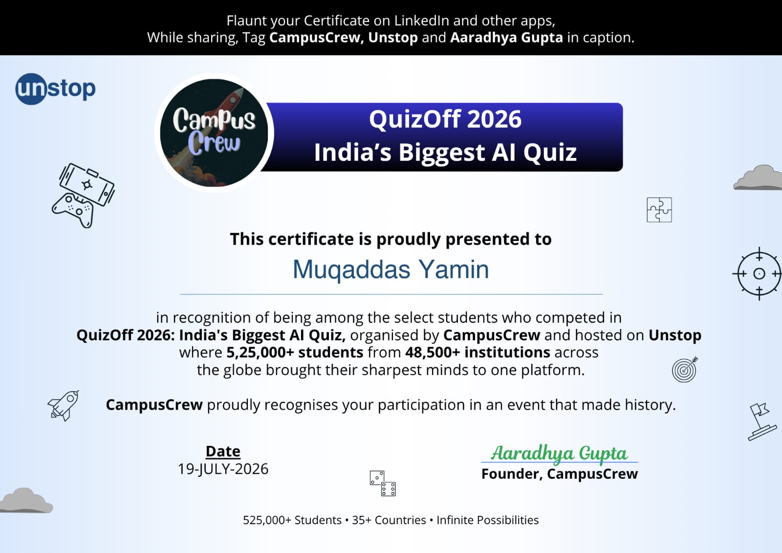 QuizOff 2026 certificate