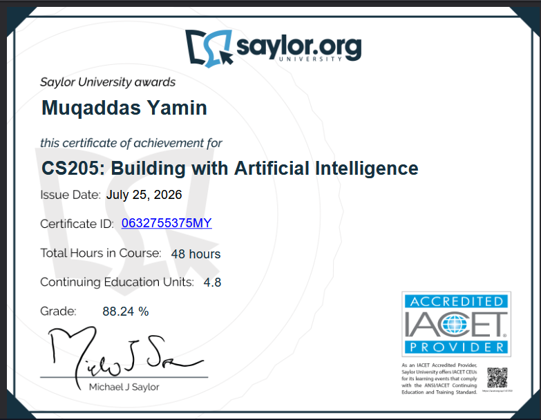 Saylor University Building with Artificial Intelligence course details certificate