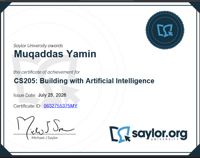 Saylor University Building with Artificial Intelligence certificate